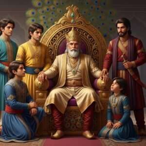 An intricate, hyperrealistic scene depicting King Yayati, an ancient Indian king with regal features, sitting on a grand, ornate throne adorned with gold and peacock motifs. His expression is one of deep contemplation and authority. Surrounding him are his five sons, each showcasing unique features that reflect their devotion and individuality. They are dressed in traditional royal attire, with rich colors like maroon, saffron, and teal. The background features a grand palace interior with elaborate patterns inspired by traditional Indian art forms. Soft, ethereal lighting bathes the scene in a warm, golden glow, highlighting the familial bonds and the spiritual significance of the moment. The overall atmosphere is serene, yet majestic, blending tradition with modern digital aesthetics.