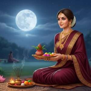 An elegant Indian woman dressed in a rich maroon saree with intricate gold embroidery, sitting gracefully in a tranquil garden setting. She is adorned with traditional gold jewelry, including bangles and earrings, and holds a decorated Karwa Chauth thali in her hands, filled with vibrant items like a small brass pot, incense sticks, and sweets. The scene is bathed in the soft glow of twilight, with a large, ethereal full moon casting a serene light over her, symbolizing the moonrise she awaits. In the background, there are faint outlines of other women engaged in similar rituals, creating a sense of community and tradition. Lotus flowers and subtle mandala patterns can be seen on the ground, adding to the spiritual ambiance. The art style should be hyperrealistic yet dreamlike, combining the richness of traditional Indian aesthetics with a modern digital touch.