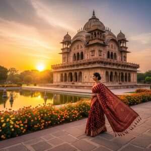 A stunning, hyperrealistic scene of Mahadji Shinde Chhatri, bathed in the warm glow of the setting sun. The intricate architectural details of the Chhatri are highlighted, showcasing its Indo-Saracenic style with delicate carvings and ornate designs. The building stands majestically, surrounded by lush green gardens with vibrant marigold flowers and serene water features reflecting the soft pastel hues of the sky. In the foreground, an Indian woman in a traditional saree with rich maroon and gold patterns gracefully walks towards the monument, her silhouette casting a gentle shadow on the cobblestone path. The atmosphere is tranquil and ethereal, capturing the spiritual essence and historical significance of the site.