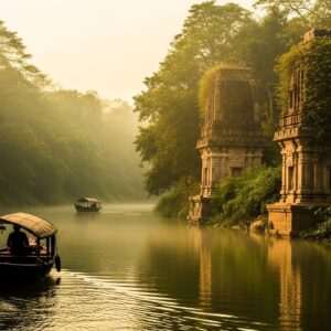 An ethereal scene depicting the lush and mystical landscapes of Dibru-Saikhowa, showcasing the serene beauty of its rich history. The image features a tranquil river flowing through dense greenery, with a soft golden light illuminating the scene. In the foreground, a traditional Indian boat gently glides on the water, its silhouette reflected in the calm surface. The background reveals ancient, intricately carved stone structures partially hidden by vines, hinting at the area's historical significance. Soft pastel colors like pale blue, warm gold, and hints of maroon enrich the scene, adding a surreal and timeless feel. The atmosphere is serene and spiritual, inviting viewers to embark on a journey through time.