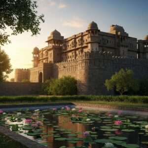 A majestic, hyperrealistic portrayal of the Ahmednagar Fort, bathed in the warm glow of a setting sun, casting long shadows that dance across the ancient stone walls. The scene captures the fort's grand architecture with intricate carvings and towering bastions, surrounded by lush greenery that reflects its historical grandeur. In the foreground, a serene lotus pond with delicate blossoms adds a touch of tranquility, while soft pastel hues in the sky suggest a timeless journey. The image conveys a sense of historical exploration, inviting viewers to uncover the rich past of this architectural marvel.
