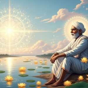 An ethereal scene depicting Mahadev Desai, an esteemed Indian freedom fighter, in his final days of service. He is portrayed as a wise, elderly Indian man with gentle features, wearing traditional white Khadi attire. Surrounding him are softly glowing, golden-hued lotus flowers and a serene, pale blue sky with delicate clouds. Behind him, a magnificent, intricate mandala emits a soft, warm light, symbolizing peace and enlightenment. The scene captures a sense of tranquility and devotion, with Mahadev seated on the banks of a calm river, reflecting on his life's journey. The art style is hyperrealistic with a surreal quality, blending traditional Indian aesthetics with modern digital artistry. The overall tone is serene and spiritual, conveying the essence of a life dedicated to selfless service and legacy.