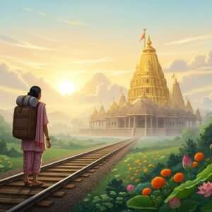 A serene and ethereal depiction of a pilgrim, dressed in traditional Indian attire, walking along a railway track that leads to a distant, glowing temple complex. The landscape is lush with greenery, dotted with vibrant marigold and lotus flowers. The sky is painted in soft pastel hues of dawn, with gentle rays of sunlight breaking through the clouds, casting a warm golden glow over the scene. The temple's architecture is intricate, featuring ornate carvings and a towering shikhara adorned with gold. The pilgrim is portrayed with a peaceful expression, embodying a sense of anticipation and devotion. The art style merges traditional Indian art forms with modern digital aesthetics, emphasizing tranquility and spirituality.
