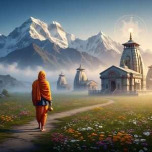 An awe-inspiring, ethereal landscape featuring the majestic snow-capped peaks of the Himalayas as the backdrop. In the foreground, a serene and spiritual depiction of a traditional Indian pilgrim in a saffron dhoti and shawl, carrying a wooden walking stick. The pilgrim stands on a lush, verdant path lined with vibrant wildflowers, leading towards the distant Char Dham temples, each adorned with intricate architectural details reminiscent of Madhubani and Pattachitra art styles. The scene is bathed in soft, golden sunlight with a gentle mist adding an otherworldly glow. In the sky, a faint, mystical aura surrounds a glowing mandala, symbolizing divine presence. The composition reflects tranquility and devotion, inviting viewers to embark on their own spiritual journey.