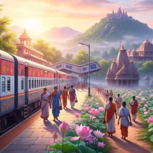 A serene, ethereal depiction of a pilgrim's journey beginning at Dongargarh Railway Station. The scene features a vibrant, traditional Indian train at the station, bathed in the soft glow of dawn, casting a warm golden light across the platform. In the distance, a path leads to a lush landscape dotted with ancient, intricately carved temples nestled amidst verdant hills. The temples are adorned with detailed sculptures and surrounded by delicate, blooming lotus flowers. Pilgrims in traditional attire walk along the path with a sense of peace and reverence. The atmosphere is tranquil and spiritual, with subtle pastel hues enhancing the surreal quality. The art style merges traditional Indian elements with modern digital aesthetics, creating a captivating visual that invites readers to embark on this sacred journey.