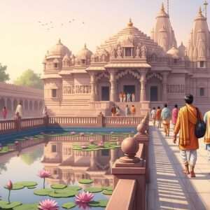 A serene and ethereal depiction of a sacred temple in Ahmednagar, bathed in the soft glow of dawn. The temple architecture showcases intricate carvings and traditional Indian motifs, reflecting a harmonious blend of ancient and modern aesthetics. In the foreground, a tranquil water body mirrors the temple's grandeur, surrounded by blooming lotus flowers. Pilgrims in traditional Indian attire are seen walking towards the temple with a sense of devotion and peace. The scene is illuminated with warm, pastel hues of pale pink and soft gold, creating an atmosphere of spiritual serenity and inviting the viewer to embark on a soulful journey.