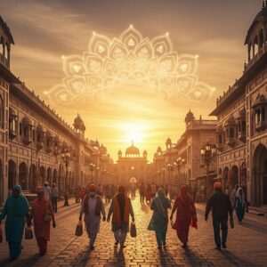 A serene and ethereal scene depicting Amritsar's vibrant Heritage Street during a golden sunset. The street is bustling with Indian pilgrims and tourists dressed in traditional attire, marveling at the intricate architectural details of the historic buildings. Golden and saffron hues illuminate the scene, with a glowing mandala subtly integrated into the sky, casting a tranquil light over the bustling street. Intricate patterns adorn the façades of the structures, reflecting the rich cultural heritage. The atmosphere is serene yet lively, with spiritual symbols subtly incorporated into the street art. The overall scene has a modern digital aesthetic, balancing tradition with contemporary elegance, and emphasizes tranquility and cultural richness.