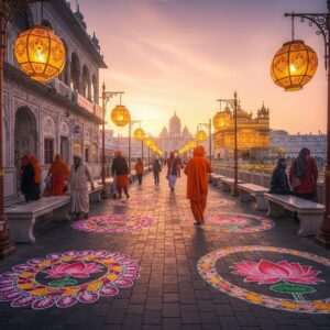 An ethereal view of Amritsar's Heritage Street at dawn, showcasing a harmonious blend of tradition and modernity. The street is adorned with intricate patterns inspired by Madhubani and Pattachitra art, illuminated by soft, glowing lanterns that cast a warm, golden hue. In the distance, the iconic Golden Temple is visible, its golden façade shimmering softly under the pastel morning sky. Pilgrims in traditional Indian attire walk gracefully along the street, their presence adding a serene spiritual aura. The scene captures a sense of tranquility and reverence, with lotus motifs subtly integrated into the surroundings. The image is hyperrealistic, yet surreal, inviting viewers to explore the timeless beauty and cultural richness of Amritsar's heritage.