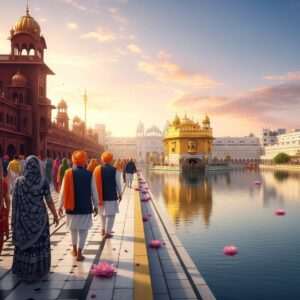 An ethereal scene capturing the bustling yet serene ambiance of Amritsar's Heritage Street leading to the Golden Temple. The foreground features a diverse group of Indian pilgrims of various ages, dressed in traditional yet modern attire with intricate patterns reminiscent of Pattachitra and Madhubani art. They walk along the vibrant street lined with beautifully detailed, digitally modernized replicas of historical architecture, showcasing deep maroon, gold, and peacock blue hues. The Golden Temple glows majestically in the background under the soft pastel sky, reflecting in a calm water surface that enhances the tranquil atmosphere. Lotus flowers subtly adorn the scene, adding to the spiritual aura. The lighting is a soft, warm golden glow, highlighting the intricate details and cultural richness, evoking a sense of harmony and mindfulness. The overall image is hyperrealistic with a touch of surrealism, inviting viewers to explore Amritsar's rich heritage.