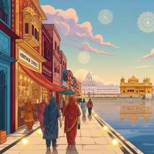 In a serene, ethereal depiction, an enchanting view of Amritsar's Heritage Street unfolds. The scene is adorned with a vibrant palette of deep maroon, saffron, and peacock blue. On one side, a traditional Indian market buzzes with activity, showcasing intricate patterns and cultural motifs on the shop facades. The path leading to the Golden Temple is illuminated with soft, warm golden lights, creating a tranquil and spiritual ambiance. In the distance, the Golden Temple itself glows ethereally, its reflection shimmering gently on the calm water surface that surrounds it. The sky above is a pastel blend of soft blue and pale pink hues, with glowing mandalas subtly appearing in the clouds. Indian families and pilgrims, depicted in modern attire with traditional touches, walk towards the temple, their expressions serene and contemplative. The scene is hyperrealistic yet surreal, capturing the blend of heritage and modernity in this sacred journey.