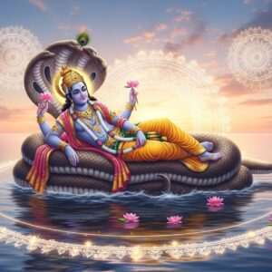 A serene, hyper-realistic image of Anantashayana Vishnu, the cosmic god depicted in a reclining pose on the coiled serpent Shesha, floating effortlessly on the calm, reflective waters of the cosmic ocean. Vishnu's skin is a divine blue hue, adorned with rich gold jewelry and a crown, holding a lotus flower in one hand while another hand rests gracefully on the serpent. The scene is enveloped in soft, ethereal pastel lights of pale pink and warm gold, creating a spiritual and tranquil atmosphere. Surrounding the divine figure are intricate patterns of glowing mandalas and delicate lotus flowers. The background showcases a horizon blending into the sky with dreamy, surreal clouds. The overall composition emphasizes spirituality, peace, and divinity, inviting readers into a mystical journey through the Anantashayana Vishnu temples.