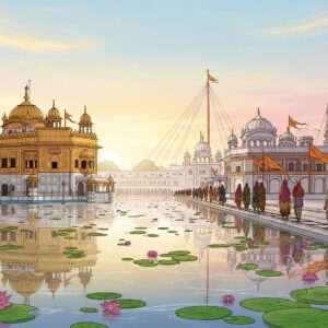 A serene, ethereal landscape of Batala featuring a harmonious blend of sacred Gurdwaras and Mandirs under a soft, glowing sky at dawn. The scene is filled with pastel hues of pale pink, warm gold, and soft blue. In the foreground, an intricately detailed lotus pond reflects the majestic architecture of a Gurdwara on the left, with its golden dome gleaming in the early light, and a Mandir on the right, adorned with intricate carvings and vibrant saffron flags fluttering gently. Pilgrims dressed in traditional Indian attire can be seen walking reverently towards the holy sites. The environment is tranquil, with gently flowing water and floating lotus flowers enhancing the spiritual ambiance. The art style is a fusion of traditional Indian art forms with modern digital aesthetics, capturing the essence of a peaceful spiritual journey.
