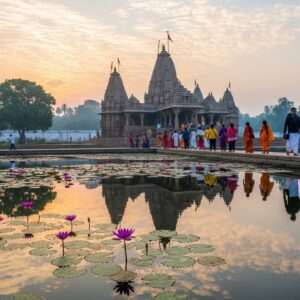 An ethereal scene depicting the ancient temples of Nevasa, bathed in the soft glow of dawn. The temples, intricately carved with traditional Indian motifs, stand majestically amidst lush greenery. A serene, pastel sky with hues of pale pink and warm gold illuminates the sacred site, creating an atmosphere of tranquility and spiritual reverence. In the foreground, a calm water surface reflects the temples and the serene landscape, dotted with lotus flowers. Pilgrims, dressed in traditional Indian attire with modern touches, are seen walking towards the temples, their silhouettes reflecting a sense of peace and devotion. The entire scene captures a harmonious blend of heritage and modern aesthetics, inviting readers to embark on their spiritual journey.