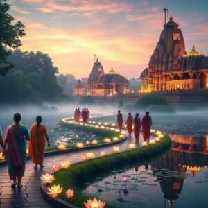 A serene and ethereal landscape depicting a spiritual journey through the sacred sites of Shani Shingnapur and nearby Jyotirlingas near Ahmednagar. In the foreground, a path lined with glowing lotus flowers and ethereal mist leads towards the towering, intricately carved temples, bathed in a soft, golden light. The scene features ancient stone architecture with detailed carvings of Hindu symbols, surrounded by lush greenery and tranquil water surfaces reflecting the temples' grandeur. Soft pastel hues of pale pink, warm gold, and soft blue dominate the sky, creating a surreal atmosphere. Pilgrims in traditional Indian attire are seen walking reverently along the path, their faces illuminated by the spiritual glow emanating from the temples. The overall tone is one of peace, devotion, and reverence, capturing the essence of a sacred pilgrimage trail.