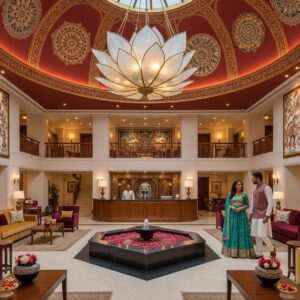 A serene scene depicting a luxurious, modern hotel lobby with Indian architectural influences, located near the historic Amritsar Heritage Street. The interior features rich maroon and gold accents, intricate patterns inspired by Madhubani art, and ambient warm lighting that casts a soft glow over the space. Elegant Indian motifs such as a large glowing lotus flower centerpiece and stylized mandala patterns adorn the walls. A tranquil water feature with floating petals adds to the peaceful atmosphere. In the foreground, an Indian couple, dressed in modern, elegant attire, are warmly welcomed by a traditionally dressed concierge. The scene captures the blend of heritage and modern comfort, inviting readers to explore a restful stay near Amritsar's historic locale.