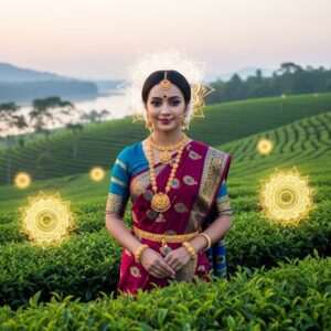 An elegant Assamese woman dressed in a traditional Mekhela Chador, adorned with intricate gold jewelry, stands in a serene setting of lush green tea gardens. Her attire features exquisite patterns inspired by traditional Assamese textiles, with rich, deep colors like maroon and peacock blue. In the background, an ethereal depiction of the Brahmaputra River flows gently under a pastel pink sky, with glowing mandalas subtly embedded in the scenery. The scene is peaceful yet vibrant, capturing the essence of Ahom culture with a modern digital aesthetic. The woman's serene expression reflects the depth and richness of Assam's cultural heritage.
