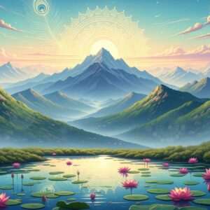 A breathtaking, ethereal landscape of the Aravalli mountain range, showcasing its majestic peaks and expansive valleys. The scene is enveloped in a serene, pastel-hued sunrise with soft blues, pale pinks, and warm golds illuminating the sky. In the foreground, a tranquil lotus-filled pond reflects the glowing mandalas in the sky, creating an aura of spirituality and peace. The mountains are lush with greenery, and traditional Indian motifs like peacock feathers and intricate patterns subtly adorn the landscape. A lone Indian traveler in traditional attire stands in awe at the edge of a peak, embodying the spirit of exploration and reverence for nature. The art style is hyperrealistic yet surreal, blending ancient cultural elements with a modern digital aesthetic, inviting the viewer on a spiritual journey through this sacred land.