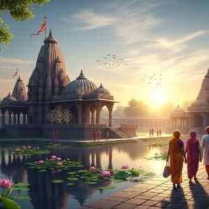 A serene, ethereal depiction of Dausa's sacred sites, featuring a tranquil landscape with a softly glowing sunrise casting gentle light over ancient Hindu temples. The scene includes intricate patterns of lotuses and mandalas subtly integrated into the architecture, with a soft pastel color palette of pale pinks, warm golds, and serene blues. The temples are adorned with traditional Indian motifs and surrounded by lush greenery and calm water surfaces reflecting the light. Indian pilgrims in traditional attire are seen walking with reverence towards the temples, creating an atmosphere of spiritual journey and mindfulness. The art style is hyperrealistic with a surreal touch, balancing traditional Indian art forms with modern digital aesthetics.