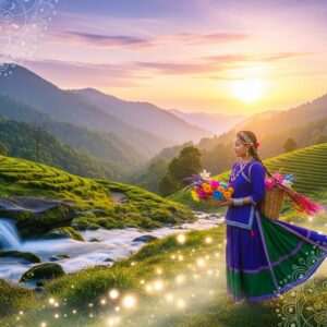 A serene and ethereal landscape of the Khasi Hills, featuring lush green rolling hills under a pastel-colored sky at dawn. In the foreground, a traditional Khasi woman in vibrant, flowing attire stands gracefully, holding a basket of wildflowers. She is surrounded by soft glowing lights and mist, creating a tranquil and spiritual ambiance. The scene is adorned with intricate patterns resembling traditional Indian art forms, subtly infused with modern digital aesthetics. A gentle waterfall cascades in the background, adding to the sense of peace and mindfulness. The overall image is hyperrealistic with a surreal touch, emphasizing the harmony and spiritual richness of the Khasi Hills.