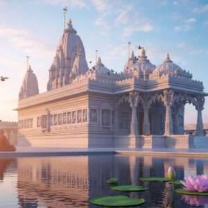 A serene, hyper-realistic depiction of Geeta Mandir Jalandhar bathed in the soft glow of dawn, with pastel shades of pink and blue in the sky. The temple's intricate architecture is adorned with ornate carvings and Hindu spiritual symbols. A tranquil water surface reflects the temple, enhancing the peaceful ambiance. In the foreground, a lotus flower blossoms, symbolizing purity and enlightenment. The scene exudes a sense of calmness and spirituality, inviting the viewer to explore further. Ethereal lighting casts a warm, golden glow over the temple, creating a harmonious balance between traditional heritage and modern digital aesthetics.