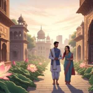 An ethereal scene of Amritsar's Heritage Street bathed in the warm glow of the early morning sun. The street is alive with vibrant colors, featuring traditional Indian architecture with intricate carvings and motifs. In the foreground, a serene Indian man and woman dressed in elegant, flowing traditional attire walk thoughtfully along the path. They are adorned with subtle gold jewelry that catches the light. The atmosphere is calm and spiritual, with soft pastel hues illuminating the scene. Large lotus flowers line the path, their petals gently glowing. The background is a blend of modern and ancient elements, capturing the timeless essence of the spiritual journey. The overall tone is tranquil and inviting, encouraging exploration and reflection.