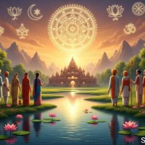 A serene, ethereal landscape depicting Sasaram's diverse spiritual heritage, featuring an intricate tapestry woven with symbols from various faiths. In the foreground, a tranquil river reflects the soft glow of pastel-colored lights. Along the banks, Indian men and women of different faiths stand in harmony, each adorned in traditional attire reflecting their cultural identity. Delicate lotus flowers float on the water, and above, a luminous mandala radiates warmth and unity in the sky. The scene is bathed in a warm, golden light, emphasizing peace and spirituality. Art style merges traditional Indian motifs with modern digital aesthetics, creating a hyperrealistic, harmonious blend of tradition and innovation.