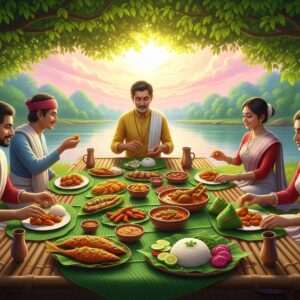 A serene and vibrant scene featuring a traditional Ahom feast set on a rustic bamboo table, surrounded by lush, green foliage typical of the Assamese landscape. The table is adorned with intricately designed banana leaves serving as plates, laden with an array of traditional dishes like fish tenga, duck curry, and sticky rice wrapped in turmeric leaves. Golden sunlight filters through the trees, casting a warm glow over the feast, enhancing the deep saffron and maroon hues of the food. In the background, a tranquil river reflects the pastel-colored sky. Indian characters in traditional Assamese attire are enjoying the meal, their expressions serene and content, embodying a sense of community and heritage. The overall art style is hyperrealistic with an ethereal touch, capturing the rich cultural essence and inviting viewers to dive into this culinary journey.