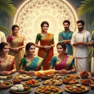 A vibrant scene depicting a group of Indian men and women from Tulu Nadu, dressed in traditional yet contemporary attire. The women wear elegant sarees with intricate gold patterns, while the men sport dhotis and kurtas in modern cuts. They are gathered around a table laden with traditional Tulu Nadu dishes like Neer Dosa, Kori Rotti, and spicy coconut curries, artistically presented. The background is a blend of lush, tropical greenery and an ethereal glowing mandala that casts a soft, warm light over the scene. The setting is serene yet lively, capturing the essence of cultural richness and modern elegance. The art style is hyperrealistic with surreal elements, ensuring a visually captivating image.