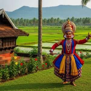 An intricately detailed scene depicting the vibrant culture of Tulu Nadu. In the foreground, a traditional Yakshagana performer in full regalia with a richly adorned headdress and vibrant costume, capturing the essence of this unique art form. Surrounding the performer are elements that highlight Tulu Nadu's heritage, such as lush green landscapes, coconut trees, and traditional Tulu architecture with ornate carvings. The background features a serene coastal view, where the Arabian Sea meets the golden sands, under a soft pastel sunset. The scene is illuminated with a warm glow, evoking a sense of cultural pride and serenity. Art style is hyperrealistic with a touch of digital fantasy, using deep colors like maroon, peacock blue, and gold to emphasize the richness of Tulu Nadu's traditions.