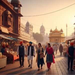 An enchanting depiction of Amritsar's Heritage Street, bustling with vibrant life and energy. The street is lined with historic buildings adorned with intricate carvings and traditional architectural elements. In the foreground, a group of Indian men and women, dressed in elegant modern ethnic attire, stroll leisurely, soaking in the ambiance. Street vendors with colorful stalls offer local delicacies and crafts, adding to the lively atmosphere. The scene is set during the golden hour, with a warm, soft glow illuminating the street, highlighting the deep maroon and gold hues of the architecture. The background showcases the iconic Golden Temple shimmering in the distance, bathed in a surreal ethereal light, evoking a sense of spirituality and reverence. The art style should be hyperrealistic yet serene, capturing both the heritage and modernity of Amritsar.