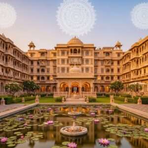 An ethereal scene of an elegant Indian hotel on Heritage Street, enveloped in a serene, golden glow. The hotel façade combines traditional Indian architecture with modern elements, featuring intricate carvings and delicate patterns reminiscent of Madhubani and Pattachitra art. In the foreground, a tranquil garden with a large, luminous lotus pond reflects the soft pastel hues of dawn. The sky is adorned with gentle mandalas, casting a peaceful ambiance. The atmosphere is one of divine comfort and spiritual tranquility, inviting viewers to imagine their own spiritual journey amidst this harmonious setting.