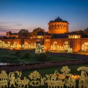 A captivating scene of Ahmednagar Fort set against a dramatic twilight sky, with the fort's ancient stone walls and intricate architectural details bathed in warm, golden light. The foreground features an ethereal, surreal landscape with soft glowing lights illuminating the lush greenery and serene water bodies surrounding the fort. Intricate patterns and cultural motifs subtly integrated into the scene, reflecting traditional Indian art forms like Madhubani and Phad. The image evokes a sense of time travel, blending history with modern digital aesthetics, inviting viewers to explore the fort's rich past. The atmosphere is serene and spiritual, with a tranquil, harmonious tone that captures the essence of India's historical heritage.