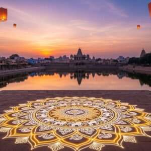 An ethereal scene depicting a panoramic view of Ahmednagar, with its historical architecture bathed in the soft, warm glow of a setting sun. In the foreground, an intricately detailed mandala emerges from the ground, glowing softly with golden and saffron hues, while traditional Indian motifs like elephants and peacocks are subtly woven into the design. A serene water body reflects this captivating view, enhancing the spiritual aura. Above, the sky is adorned with pastel-colored clouds, creating a tranquil and harmonious atmosphere. Traditional Indian lanterns float gently in the sky, symbolizing the rich cultural heritage. The overall tone is peaceful and inviting, blending ancient traditions with modern digital aesthetics, capturing the soul of Ahmednagar's spiritual and cultural essence.