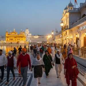 A serene, ethereal scene depicting the vibrant cityscape of Amritsar at dusk. The iconic Golden Temple glows warmly in the background, reflecting its golden hues on the tranquil waters of the surrounding pond. In the foreground, a bustling Heritage Street is alive with activity, adorned with modern cafes and restaurants offering authentic Punjabi cuisine. Indian families and pilgrims, dressed in traditional yet contemporary attire, stroll joyfully, some savoring local delicacies. The street is lit with soft, ambient lights, and intricate patterns are subtly woven into the architecture, merging tradition with modernity. The atmosphere exudes a sense of spirituality, harmony, and cultural richness, inviting viewers to explore the pilgrimage planner further.