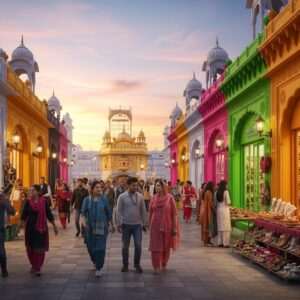 A vibrant and bustling scene of Amritsar's Heritage Street in 2026, filled with diverse Indian people exploring the area. The street is lined with colorful, traditional Punjabi shops and street vendors offering an array of local delicacies. The architecture combines traditional North Indian elements with a modern twist, featuring intricate jharokhas and arches. The air is filled with the aroma of spices, and the warm glow of street lanterns adds a cozy atmosphere. In the background, the iconic Golden Temple can be seen, its gold surface reflecting the soft, pastel hues of a serene sunset sky. The art style is hyperrealistic with a touch of fantasy, capturing the richness of Indian culture and the allure of Amritsar. The scene is lively yet tranquil, with a sense of discovery and cultural immersion.