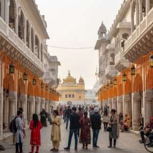 A bustling scene of Amritsar's Heritage Street in 2026, alive with vibrant energy and cultural richness. The foreground features a group of visitors in contemporary attire, admiring the beautifully preserved colonial-era architecture. Intricate patterns and motifs reminiscent of traditional Indian art subtly embellish the buildings, blending the old with the new. The street is adorned with colorful decorations, including strings of marigold flowers and traditional lanterns, casting a warm, inviting glow. In the background, the majestic Golden Temple is visible, its golden domes glistening under the soft morning light. The atmosphere is serene yet lively, with a blend of modern urban elements and historical charm, capturing the essence of Amritsar's rich heritage.