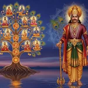 A majestic and ethereal scene depicting King Yayati, an ancient Indian king, standing regally under a twilight sky, surrounded by intricate, glowing mandalas and stylized peacock feathers. The king is dressed in opulent traditional attire with deep maroon and gold hues, adorned with ornate gold jewelry and a crown. His posture is noble and dignified, holding a golden staff. Beside him, a sprawling family tree emerges, with ethereal branches and leaves glowing softly in shades of pale blue and warm gold. Each branch represents the lineage leading to the Pandavas, intricately illustrated with delicate patterns and cultural motifs. The background features a serene water surface reflecting the soft light, enhancing the spiritual and surreal atmosphere. The art style should be hyperrealistic yet surreal, blending traditional Indian art elements with modern digital aesthetics to captivate the viewer with a sense of history and divine legacy.