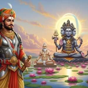 Bappa Rawal, the legendary Indian warrior king, standing in a majestic pose wearing traditional Rajput armor adorned with intricate gold and saffron patterns. He gazes with deep devotion towards a radiant statue of Lord Eklingji, depicted with four faces, each representing a different aspect of Shiva, surrounded by a glowing aura. In the background, the serene figure of Guru Harit Rishi sits in meditation, enveloped in a soft golden light, with a backdrop of ethereal pastel-colored clouds. The scene is set amidst a tranquil lotus pond with gently rippling water and floating lotus flowers. The overall art style combines traditional Indian aesthetics with modern digital surrealism, highlighting spiritual harmony and devotion.