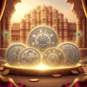 A regal Indian setting depicting a collection of ancient coins from the era of Bappa Rawal, intricately detailed and glistening under soft, ethereal light. The coins are engraved with traditional motifs such as royal insignias, peacocks, and lotus flowers. In the background, a subtle depiction of a majestic Rajasthani palace is visible, bathed in hues of saffron and maroon, with intricate patterns reminiscent of Madhubani art. Surrounding the coins are symbolic elements of prosperity and history, such as rich maroon and gold drapes, delicate feathers, and a soft glow emphasizing the coins' significance. The scene is serene yet striking, with an emphasis on the historical allure and the mystical allure of uncovering the past. The overall composition has a hyper-realistic and surreal quality, drawing the viewer into the depths of history and intrigue.
