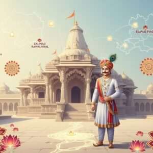 An ethereal, hyperrealistic depiction of Bappa Rawal standing regally amidst the ancient, sacred surroundings of Eklingji Temple, with its intricate architecture bathed in a serene, golden light. He is dressed in traditional Rajput attire, with ornate jewelry and a majestic turban adorned with a peacock feather. The temple is embellished with cultural motifs like lotus flowers and mandalas, softly glowing in warm hues of saffron and maroon. In the background, a stylized map hints at the connections to Rawalpindi, symbolized by faint, glowing pathways. The atmosphere is tranquil and spiritual, with a pastel color palette highlighting the balance of heritage and modern aesthetics. The scene evokes a sense of grandeur and historical significance, inviting the viewer into Bappa Rawal's enduring legacy.