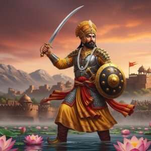 A majestic scene depicting Bappa Rawal, the legendary Indian warrior, standing tall and regal on a battlefield. He is adorned in traditional Rajput warrior armor with intricate gold and saffron patterns, holding a gleaming sword in one hand and a shield in the other. His expression is fierce and determined, embodying the spirit of a true leader. The backdrop is an epic landscape with towering mountains and an ancient fort, partially shrouded in mist, symbolizing his vast empire. The sky is painted with hues of maroon and peacock blue, reflecting the intensity of his battles. In the foreground, vibrant lotus flowers bloom amidst a serene water surface, adding a touch of tranquility to the scene. The overall art style is hyperrealistic with a surreal and ethereal quality, capturing both the valor and legacy of Bappa Rawal.