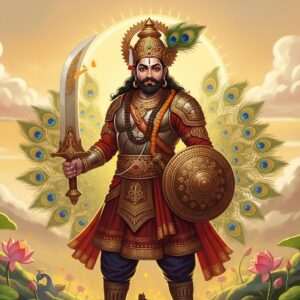 A tall, majestic Indian warrior with regal posture, embodying Bappa Rawal. His figure is imposing, standing in a vibrant landscape with golden and saffron hues. The warrior is adorned in intricately designed traditional armor, reflecting patterns reminiscent of Madhubani and Pattachitra art. In his hand, he wields a massive, intricately carved sword, the blade glinting under a soft, ethereal glow. The background features a serene landscape with stylized peacock feathers and lotus flowers, adding a spiritual and majestic aura. Soft pastel-colored clouds swirl around him, creating a sense of movement and energy. The lighting casts a warm, golden glow, highlighting the rich textures of his attire and the sharp features of his face, giving the scene a hyperrealistic yet surreal quality. This composition conveys strength, nobility, and the legendary stature of Bappa Rawal.