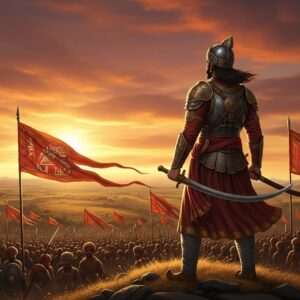 A regal Indian warrior prince, standing heroically on a hill overlooking a vast battlefield, clad in intricately detailed traditional Rajput armor with golden embellishments. His armor glistens under the soft glow of the setting sun, casting a warm, ethereal light across the scene. In the distance, a victorious army waves vibrant banners depicting intricate Pattachitra patterns, symbolizing triumph. The landscape is a harmonious blend of golden fields and deep maroon skies, enhancing the dramatic yet serene atmosphere. The prince's expression is one of confidence and wisdom, his long hair flowing in the gentle breeze. The art style is hyperrealistic, merging traditional Indian motifs with modern digital aesthetics to captivate the viewer and convey a sense of historical grandeur and victory.