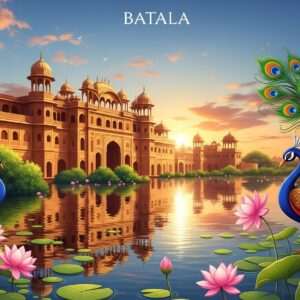 A picturesque scene of the historic town of Batala, capturing its rich heritage and cultural allure. In the foreground, a serene water body reflects the vibrant colors of a sunset sky, with hues of saffron and maroon blending into soft blue and pink. The background features an intricate Indian palace with traditional architectural details, adorned with glowing golden accents. Lush greenery surrounds the scene, with stylized peacock motifs and lotus flowers adding to the aesthetic. The image is imbued with a sense of tranquility and history, inviting viewers to explore the town's cultural depths. The art style is a fusion of traditional Indian art forms with modern digital aesthetics, creating a surreal and ethereal atmosphere.