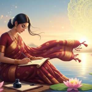 A serene, ethereal scene depicting an Indian woman sitting by a calm riverside, immersed in the act of writing with a traditional ink pen on a parchment. She is dressed in an elegant, flowing maroon saree with intricate gold patterns, symbolizing cultural richness. Around her, soft, glowing pastel lights illuminate the scene, and ethereal lotus flowers float on the tranquil water. In the sky above, a large, intricately designed golden mandala radiates warmth and harmony. The scene is enveloped in a surreal atmosphere, blending the traditional elements of Bengali culture with a modern digital aesthetic, inviting the viewer to embark on a journey of learning and discovery. The woman’s expression is one of peace and focus, embodying mindfulness and the joy of learning.