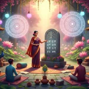 An intricately detailed illustration featuring a serene and ethereal scene of a traditional Bengali classroom set in a lush, vibrant garden. The classroom is adorned with large, softly glowing mandalas and delicate lotus flowers surrounding the space. A wise Indian teacher, dressed in a traditional Bengali saree in rich maroon and gold, stands at the center, gracefully pointing towards an ancient, beautifully carved stone tablet with the Bengali alphabet subtly etched on it. Soft pastel lights illuminate the scene, casting a warm, inviting glow. Indian children, with curious expressions, sit attentively on colorful mats, surrounded by serene symbols of learning such as peacock feathers and small clay pots filled with ink. The environment reflects harmony and enlightenment, encouraging readers to explore the wonders of the Bengali language. The overall art style is hyperrealistic yet surreal, with a touch of digital aesthetics blending tradition with modernity.