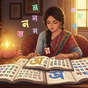 A serene and ethereal scene depicting an Indian woman in a tranquil study setting, surrounded by a rich array of colorful Bengali alphabet charts and books. The room is softly illuminated by a warm, golden glow from an ornate, glowing lamp designed in the shape of a lotus flower. The books are open, revealing intricate illustrations of Bengali letters, with hues of saffron, peacock blue, and maroon. The woman's expression is one of focus and curiosity as she engages with the material. Traditional Indian patterns subtly decorate the walls and furniture, blending Madhubani-style motifs with modern digital aesthetics. The overall atmosphere is peaceful and inviting, with a touch of surrealism in the floating soft pastel-colored Bengali letters that gently hover around the scene, adding a magical, educational essence.