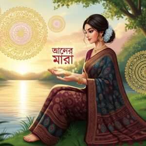 A serene and captivating scene depicting a young Indian woman sitting gracefully by a tranquil riverbank, surrounded by lush greenery. She is adorned in a modern fusion saree with intricate patterns inspired by Bengali art, featuring deep maroon and peacock blue hues. In her hands, she holds a traditional Bengali script, glowing softly with ethereal light. Around her, there are swirling golden and pastel-colored mandalas, symbolizing the flow of knowledge. The background showcases a dreamy sunset with warm gold and soft pink tones reflecting off the water, creating an atmosphere of peaceful learning and cultural richness. The art style blends traditional motifs with modern digital aesthetics, capturing the viewer's curiosity and inviting them to explore the beauty of the Bengali language.