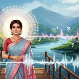A serene scene of an Indian woman dressed in a traditional Bengali saree in soft pastel shades, standing gracefully in front of a glowing, ethereal mandala. Her expression is calm and inviting, symbolizing communication and connection. The background features a dreamy landscape with flowing rivers and lush green foliage, hinting at the cultural richness of Bengal. Soft, warm light illuminates her face, emphasizing her friendly demeanor. The air is filled with abstract waves of sound, visually represented as gentle ripples and curves in soft blues and pinks, symbolizing the sweet sounds of Bengali pronunciation. The overall tone is tranquil and inviting, with an emphasis on cultural harmony and learning.
