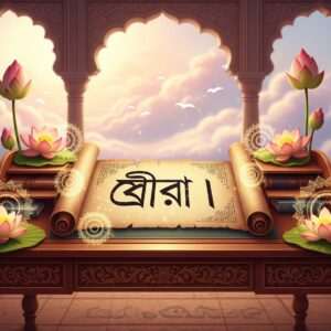 A serene and ethereal image of a traditional Indian study room, featuring an intricately carved wooden desk with a warm gold hue. On the desk lies a beautifully detailed scroll with Bengali script, surrounded by delicate lotus flowers and glowing mandalas. The background showcases a tranquil scene with a soft pastel color palette of pale pinks and blues, creating an atmosphere of calm and focus. The scene is illuminated by a gentle, ambient glow, evoking a sense of mindfulness and learning. This image blends the traditional essence of Bengali script with modern digital aesthetics, inviting viewers to explore the journey of mastering the script.